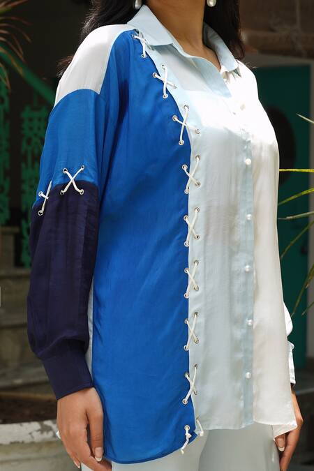 Buy_Keoo_Blue Crepe Collared Colorblocked Balloon Sleeve Shirt And Cargo Pant_Online_at_Aza_Fashions