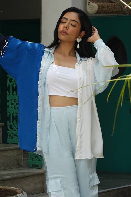 Shop_Keoo_Blue Crepe Collared Colorblocked Balloon Sleeve Shirt And Cargo Pant_Online_at_Aza_Fashions