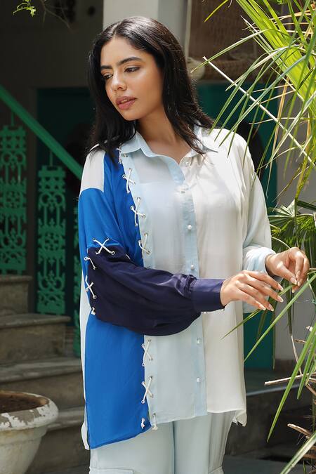 Keoo Blue Crepe Collared Colorblocked Balloon Sleeve Shirt And Cargo Pant at Aza Fashions Keoo_Blue Crepe Collared Colorblocked Balloon Sleeve Shirt And Cargo Pant_at_Aza_Fashions