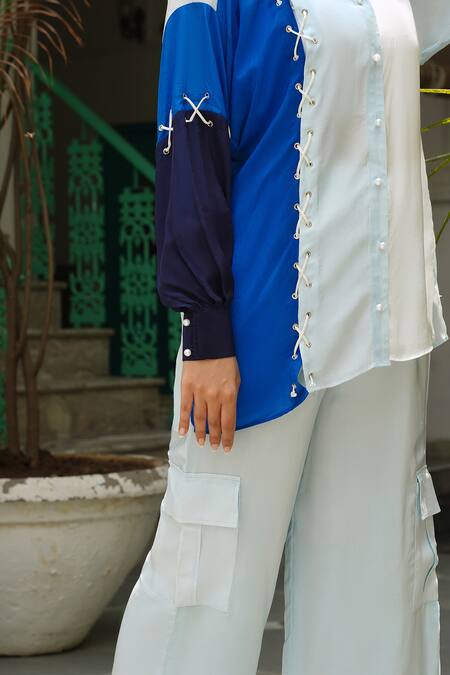 Buy Keoo Blue Crepe Collared Colorblocked Balloon Sleeve Shirt And Cargo Pant Buy_Keoo_Blue Crepe Collared Colorblocked Balloon Sleeve Shirt And Cargo Pant