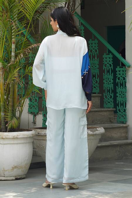 Shop_Keoo_Blue Crepe Collared Colorblocked Balloon Sleeve Shirt And Cargo Pant_at_Aza_Fashions