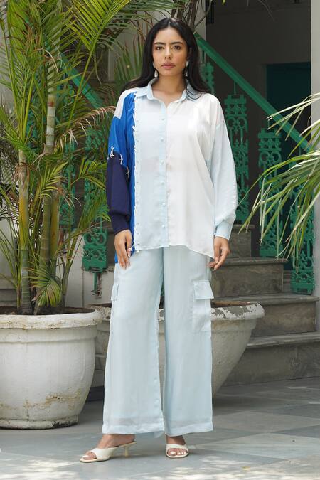 Shop_Keoo_Blue Crepe Collared Colorblocked Balloon Sleeve Shirt And Cargo Pant