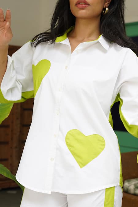 Keoo_White Cotton Embroidery Collared Shirt With Green Heart Patch And Pant_Online_at_Aza_Fashions