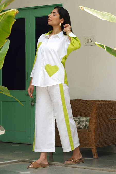 Shop_Keoo_White Cotton Embroidery Collared Shirt With Green Heart Patch And Pant_Online_at_Aza_Fashions