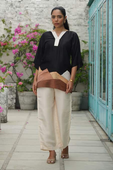 Keoo_Black Silk, Taffeta Split V-neck Beige And Patched Panel Top & Flared Pant_Online_at_Aza_Fashions