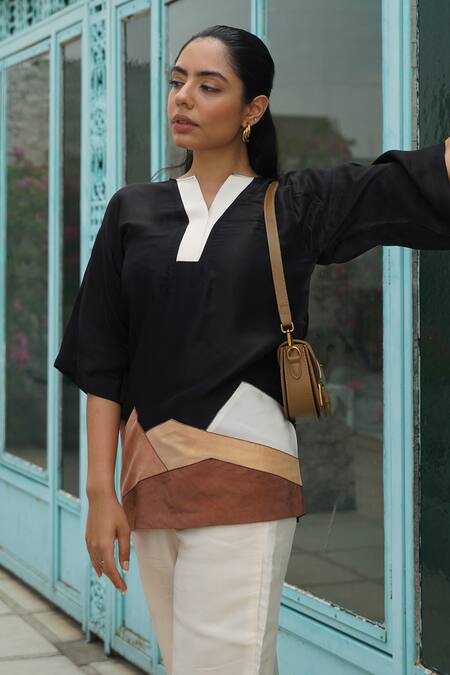 Buy_Keoo_Black Silk, Taffeta Split V-neck Beige And Patched Panel Top & Flared Pant_Online_at_Aza_Fashions