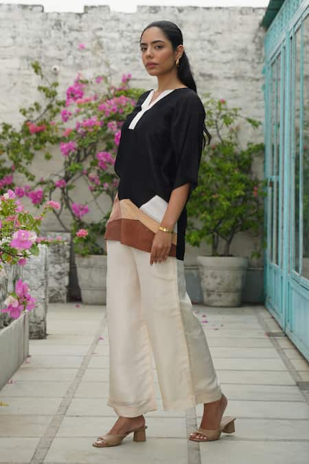 Shop_Keoo_Black Silk, Taffeta Split V-neck Beige And Patched Panel Top & Flared Pant_Online_at_Aza_Fashions