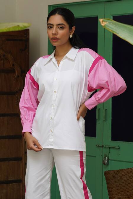 Keoo_White Cotton Embroidery Collared And Pink Striped Print Shirt & Pant Set_Online_at_Aza_Fashions