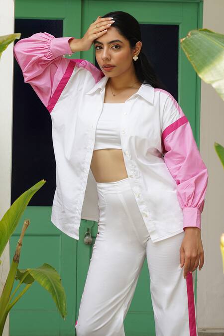 Buy_Keoo_White Cotton Embroidery Collared And Pink Striped Print Shirt & Pant Set_Online_at_Aza_Fashions