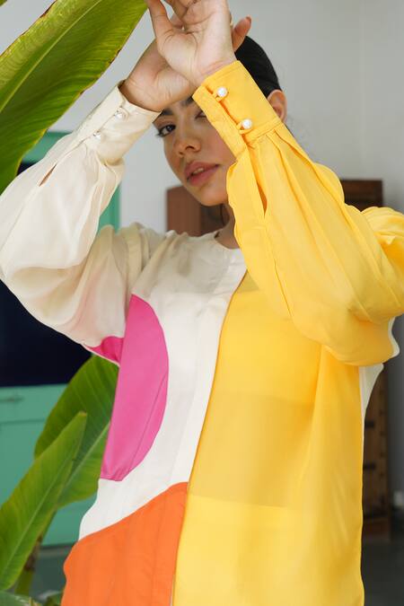 Keoo_Multi Color Crepe Patchwork Round Neck Embroidered Top And Flared Pant_Online_at_Aza_Fashions