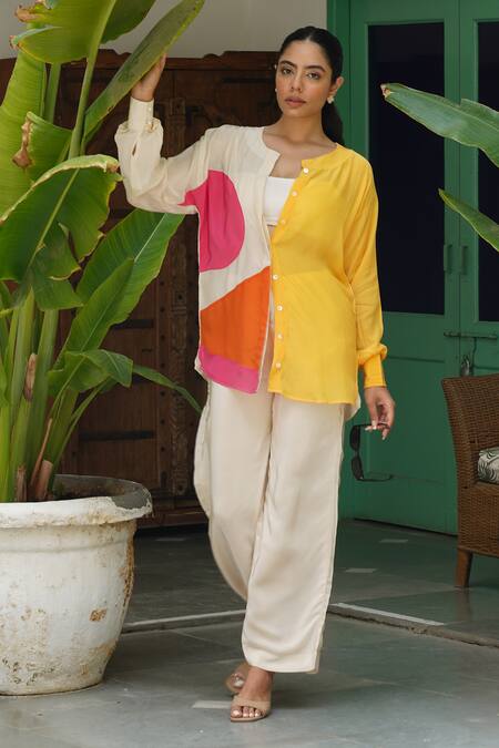 Buy_Keoo_Multi Color Crepe Patchwork Round Neck Embroidered Top And Flared Pant_Online_at_Aza_Fashions