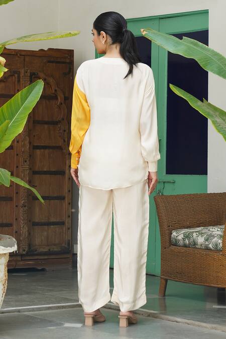 Shop_Keoo_Multi Color Crepe Patchwork Round Neck Embroidered Top And Flared Pant_at_Aza_Fashions