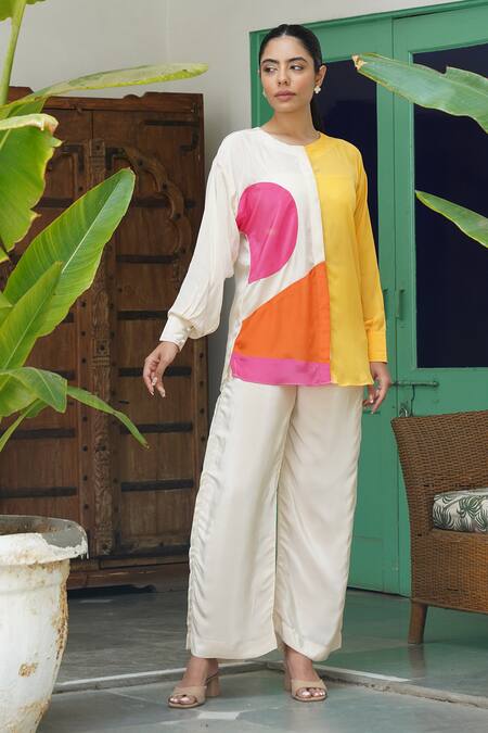Keoo_Multi Color Crepe Patchwork Round Neck Embroidered Top And Flared Pant_at_Aza_Fashions