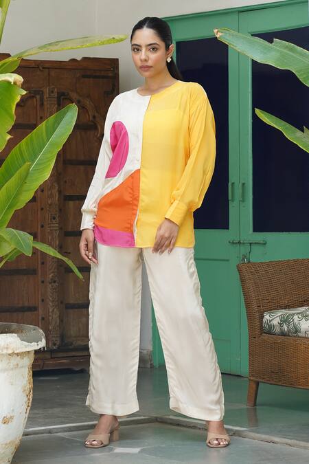 Buy_Keoo_Multi Color Crepe Patchwork Round Neck Embroidered Top And Flared Pant