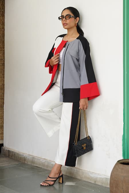 Keoo_Multi Color Crepe Round Neck Panelled Jacket Top And Flared Pant Set _Online_at_Aza_Fashions
