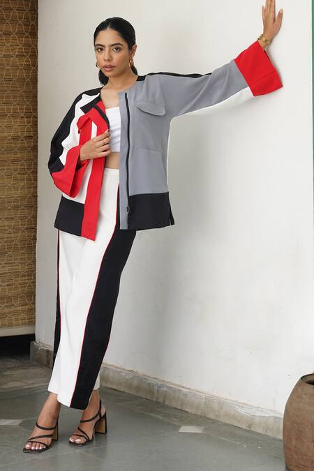 Buy_Keoo_Multi Color Crepe Round Neck Panelled Jacket Top And Flared Pant Set _Online_at_Aza_Fashions