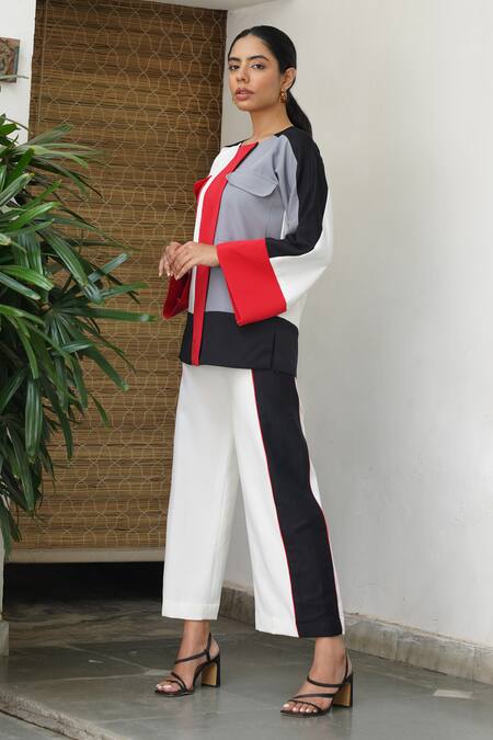 Shop_Keoo_Multi Color Crepe Round Neck Panelled Jacket Top And Flared Pant Set _Online_at_Aza_Fashions