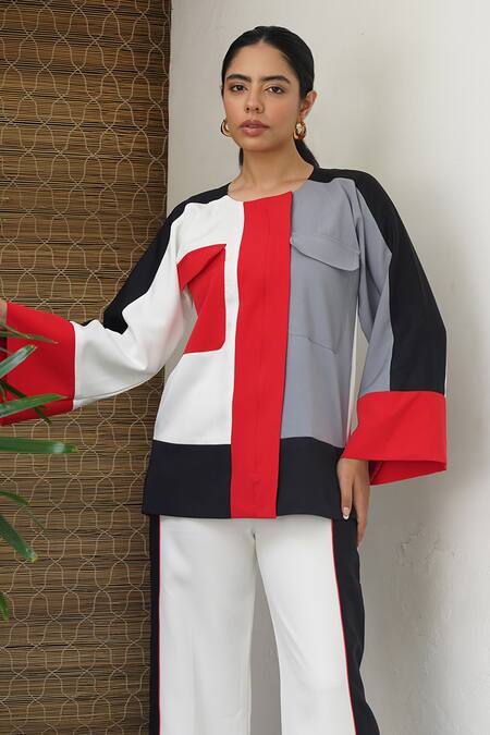 Keoo_Multi Color Crepe Round Neck Panelled Jacket Top And Flared Pant Set _at_Aza_Fashions
