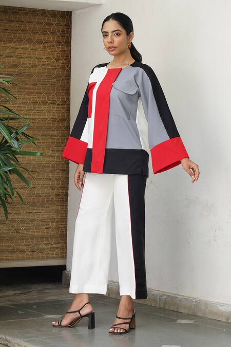 Buy_Keoo_Multi Color Crepe Round Neck Panelled Jacket Top And Flared Pant Set 