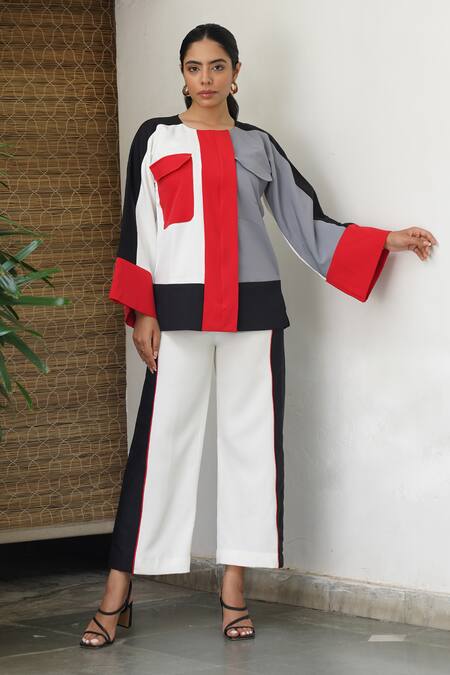 Shop_Keoo_Multi Color Crepe Round Neck Panelled Jacket Top And Flared Pant Set 