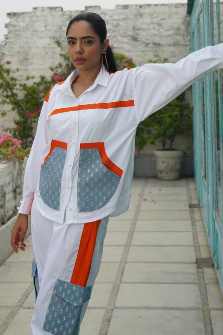 Keoo_White Cotton, Denim Collared Blue Stripe Panelled Shirt And Pant Set_Online_at_Aza_Fashions