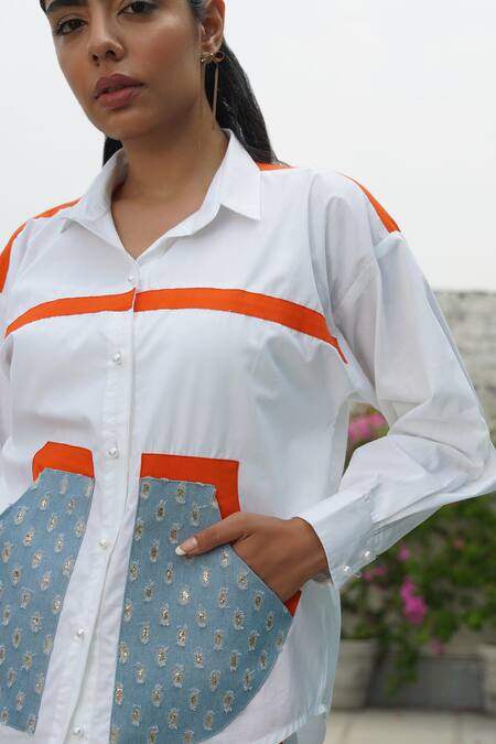 Buy_Keoo_White Cotton, Denim Collared Blue Stripe Panelled Shirt And Pant Set_Online_at_Aza_Fashions