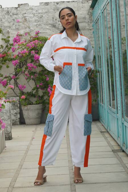 Shop_Keoo_White Cotton, Denim Collared Blue Stripe Panelled Shirt And Pant Set_Online_at_Aza_Fashions