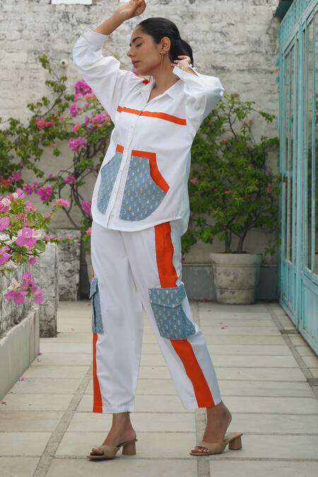 Keoo_White Cotton, Denim Collared Blue Stripe Panelled Shirt And Pant Set_at_Aza_Fashions