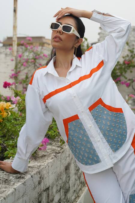 Buy_Keoo_White Cotton, Denim Collared Blue Stripe Panelled Shirt And Pant Set