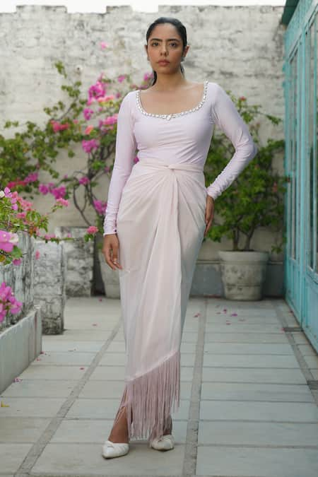 KEOO Pink Embellished Neckline Top & Draped Skirt 