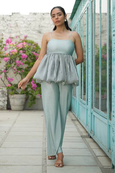 Shop_Keoo_Green Lycra, Organza Square Neck Sea Embellished Balloon Top And Pant Set_Online_at_Aza_Fashions