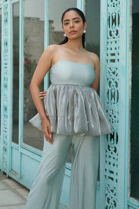 Buy_Keoo_Green Lycra, Organza Square Neck Sea Embellished Balloon Top And Pant Set