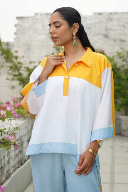 Keoo_Blue Cotton, Crepe Collared Colorblock Panelled Shirt And Pant Set_Online_at_Aza_Fashions