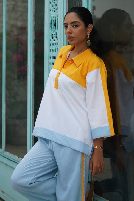 Buy_Keoo_Blue Cotton, Crepe Collared Colorblock Panelled Shirt And Pant Set_Online_at_Aza_Fashions