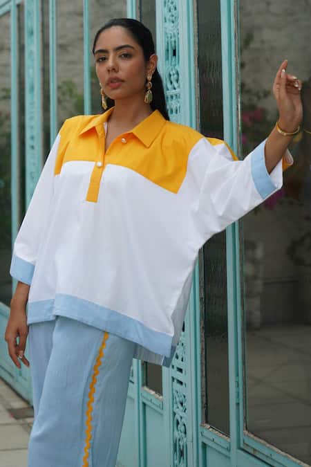 Shop_Keoo_Blue Cotton, Crepe Collared Colorblock Panelled Shirt And Pant Set_Online_at_Aza_Fashions