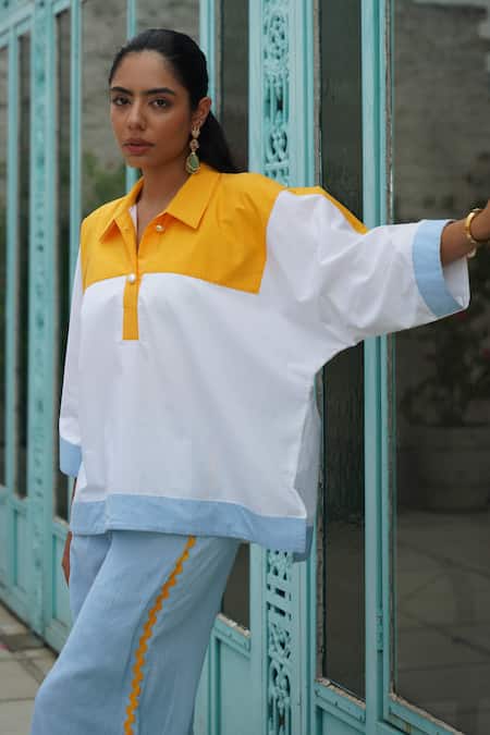 Keoo_Blue Cotton, Crepe Collared Colorblock Panelled Shirt And Pant Set_at_Aza_Fashions