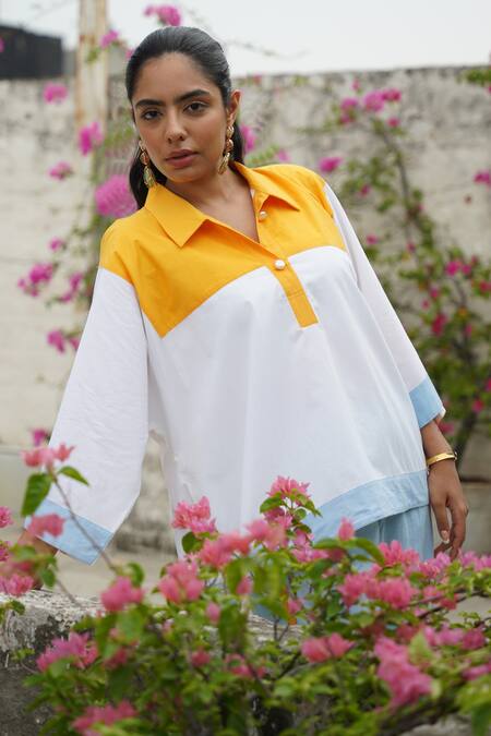 Buy_Keoo_Blue Cotton, Crepe Collared Colorblock Panelled Shirt And Pant Set