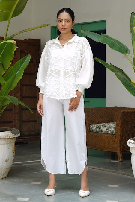 Keoo_White Cotton, Muslin Embroidery Collared 3d Bloom Lace Shirt And Pant Set_at_Aza_Fashions