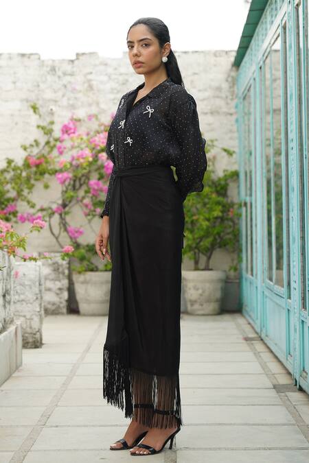 Shop_Keoo_Black Organza, Crepe Bows, Fringe Crystal Embellished Shirt And Draped Skirt_Online_at_Aza_Fashions