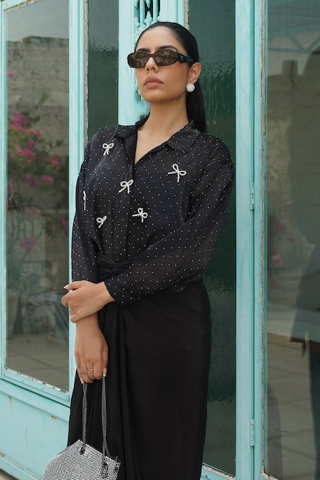 Buy_Keoo_Black Organza, Crepe Bows, Fringe Crystal Embellished Shirt And Draped Skirt