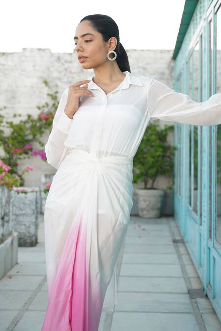 Keoo_White Crepe, Cotton Pearls, Fringe Collared Ombre Draped Skirt Set With Shirt _Online_at_Aza_Fashions