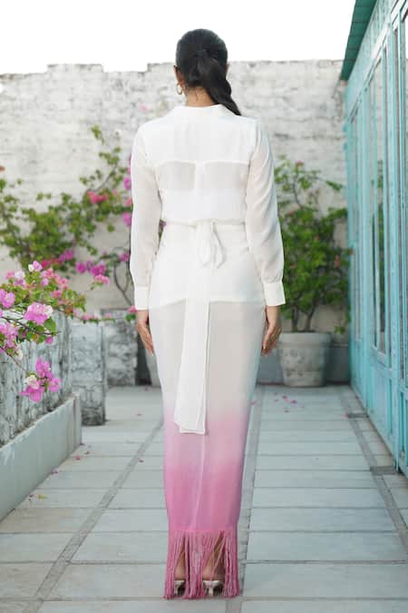 Shop_Keoo_White Crepe, Cotton Pearls, Fringe Collared Ombre Draped Skirt Set With Shirt _at_Aza_Fashions