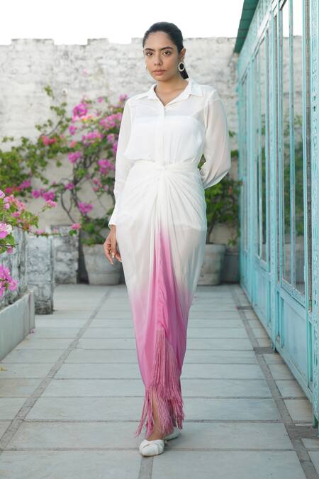 Shop_Keoo_White Crepe, Cotton Pearls, Fringe Collared Ombre Draped Skirt Set With Shirt _Online_at_Aza_Fashions