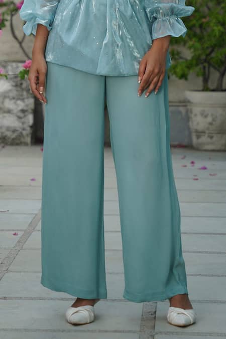 Keoo_Blue Organza, Modal Crystals, Pearls V-neck Embellished Top And Pant Set_Online_at_Aza_Fashions
