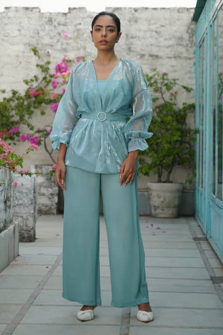 Shop_Keoo_Blue Organza, Modal Crystals, Pearls V-neck Embellished Top And Pant Set_Online_at_Aza_Fashions