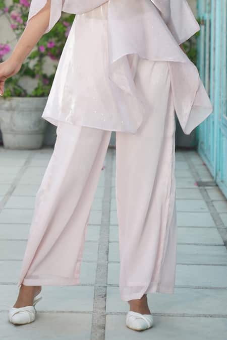 Keoo_Pink Organza, Chiffon, Lycra Crystals V-neck Pastel Embellished Top Pant Set_Online_at_Aza_Fashions