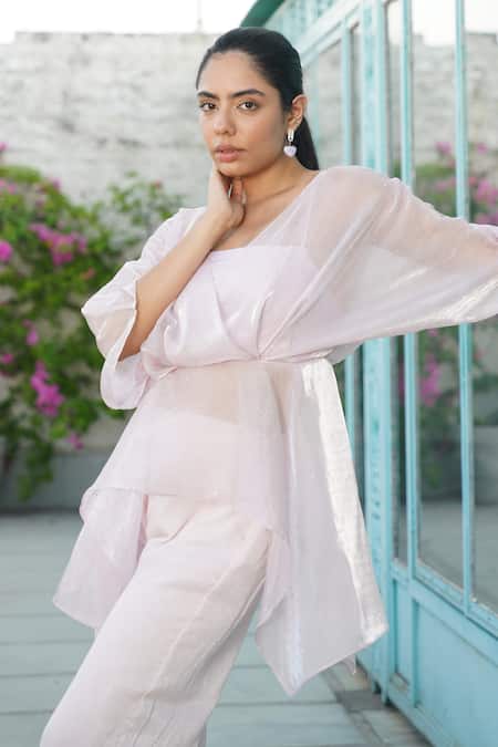 Buy_Keoo_Pink Organza, Chiffon, Lycra Crystals V-neck Pastel Embellished Top Pant Set_Online_at_Aza_Fashions