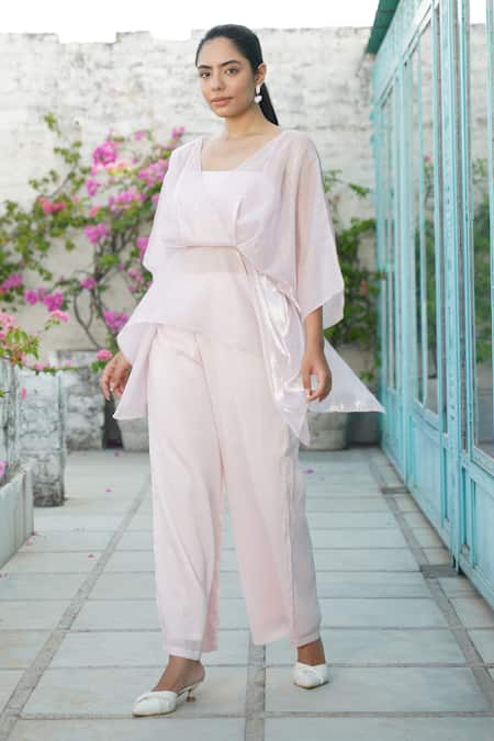 Shop_Keoo_Pink Organza, Chiffon, Lycra Crystals V-neck Pastel Embellished Top Pant Set_Online_at_Aza_Fashions