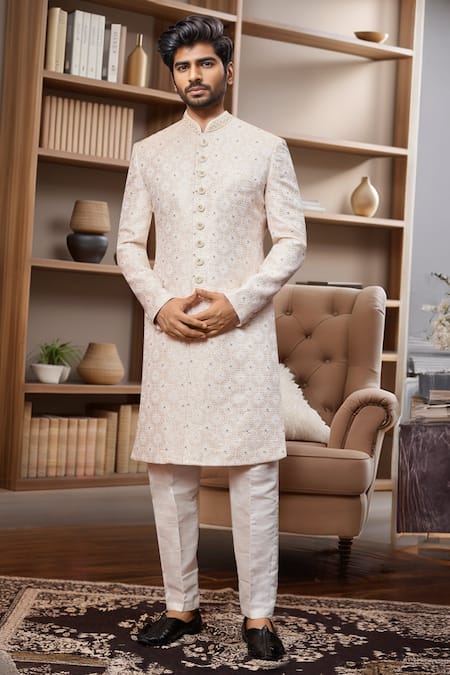 Arihant Rai Sinha Cream Jacquard, Silk Sequins, Embroidery Floral Jaal Pattern Sherwani With Pant 