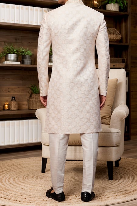 Shop_Arihant Rai Sinha_Cream Jacquard, Silk Sequins, Embroidery Floral Jaal Pattern Sherwani With Pant _at_Aza_Fashions